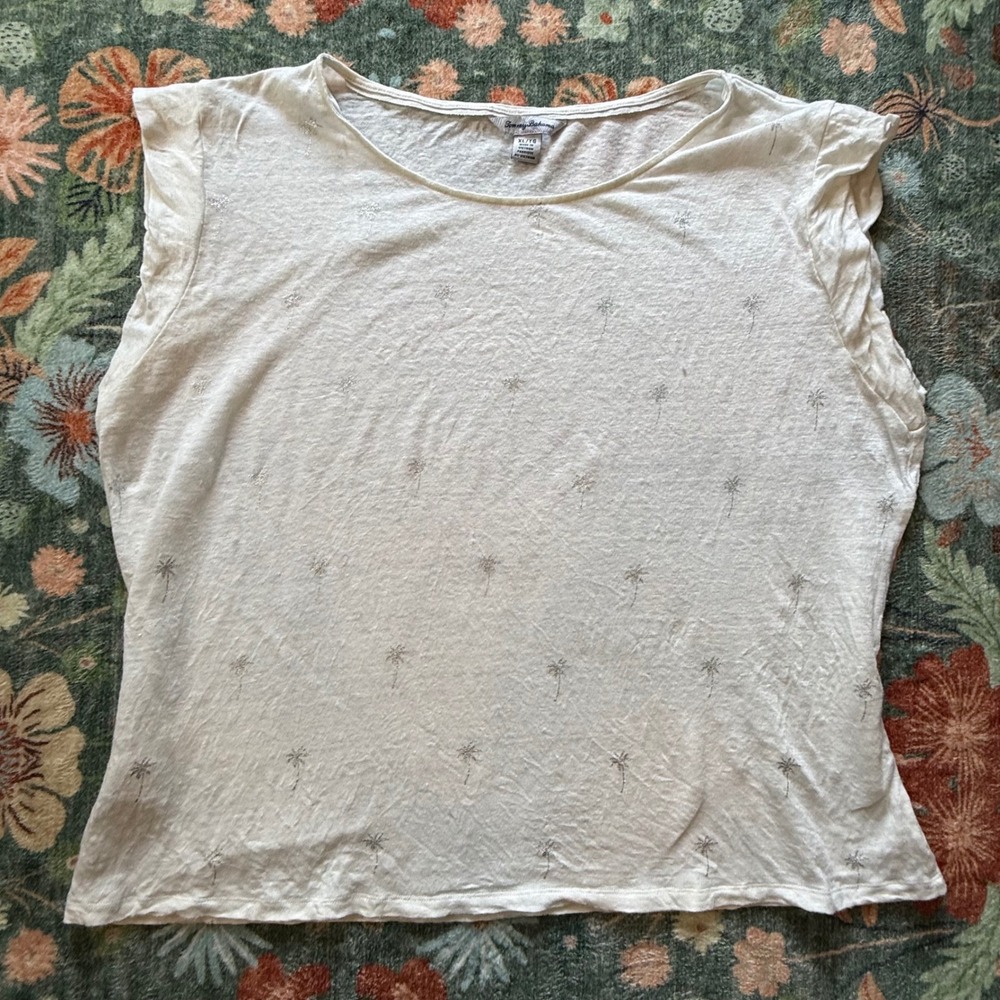 Tommy Bahama Womens XL Linen Knit Silver Metallic Palm Tree Sleeveless Top White